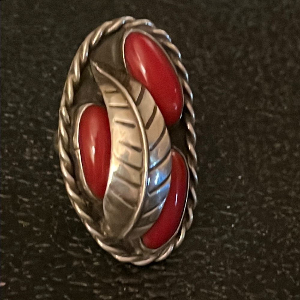 Native American silver and coral ring size 7